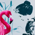 Geisha and pink flamingo, mista su tela, cm 50x60