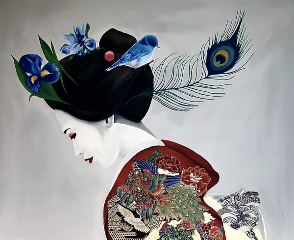 Geisha and blue bird, mista su tela, cm 100x120