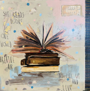 She reads books..., mista su tavola, cm 30x30