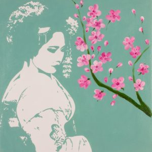 Geisha and Cherry Bloss, acrilico su tela. cm 50x50